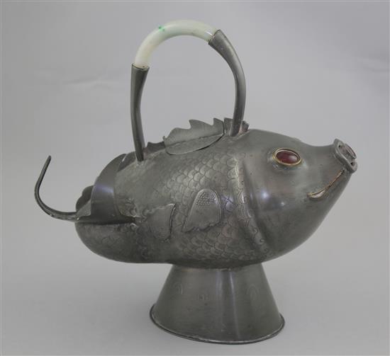 A Chinese pewter and hardstone mounted fish water pot, late 19th / early 20th century, height 22cm